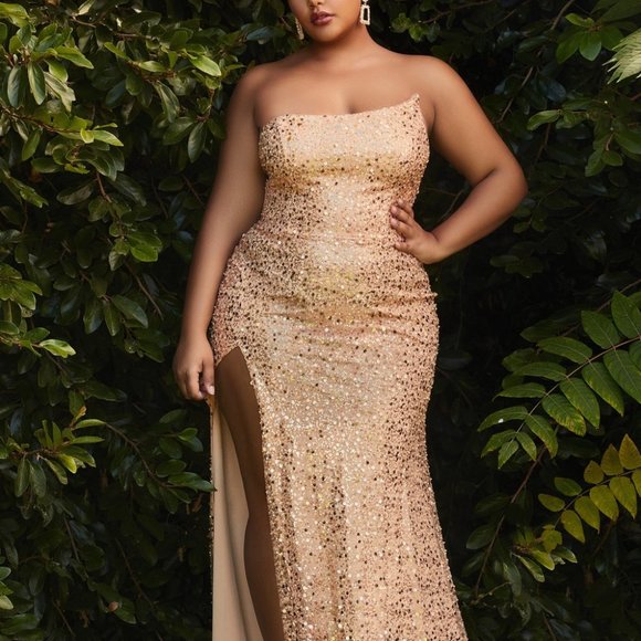 PLUS SIZE Rose/Gold STRAPLESS A-SYMETRICAL CURVY FIT SEQUIN GOWN